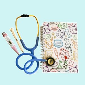 kit veterinaria ref 02 (fonendoscopio, cuaderno, termómetro y esfero huesito)