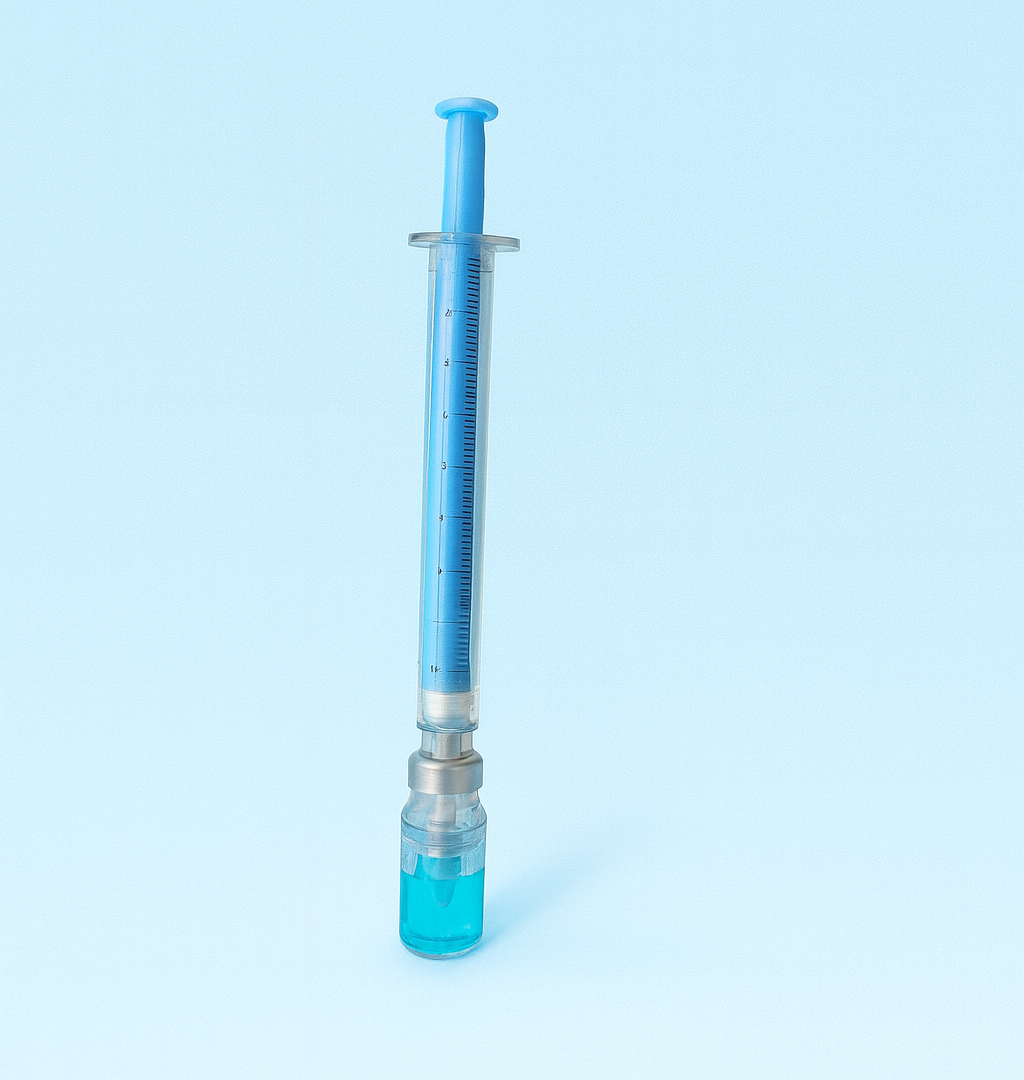 lapicero jeringa con ampolla azul