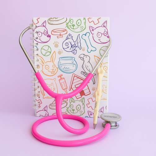 kit veterinaria (fonendoscopio, cuaderno y esfero de huesito)