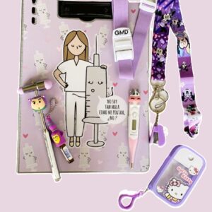 kit tabla enfermera, landyard , rompeampollas, pin o broche , mini calculadora y termómetro