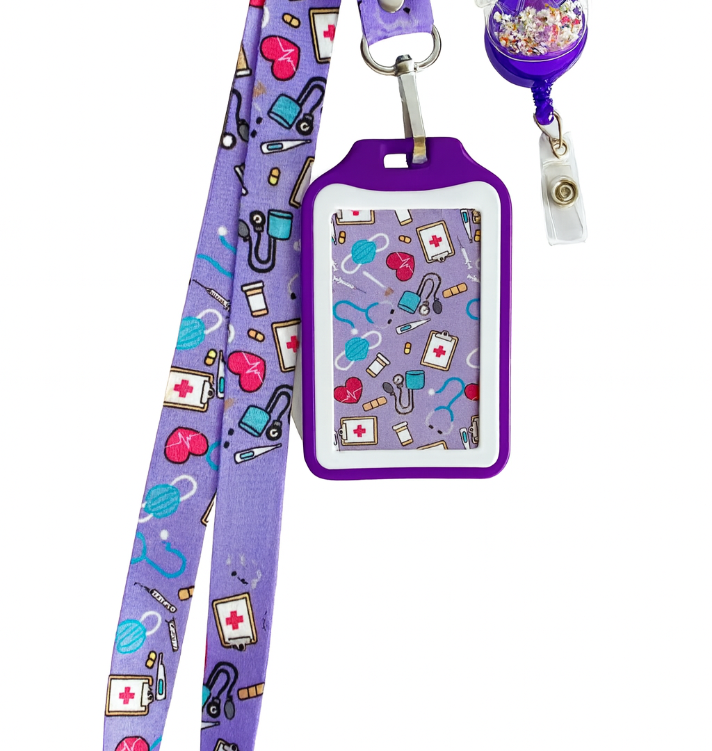 kit landyard + yoyo + escarapela salud morado