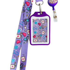 kit landyard + yoyo + escarapela salud morado