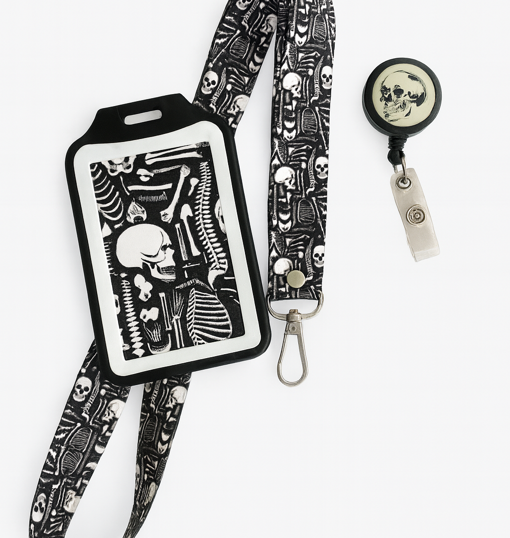 kit landyard + yoyo + escarapela huesos fondo negro