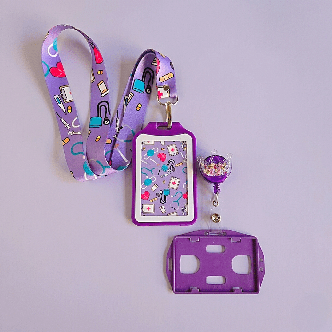 Kit Landyard + Yoyo + Escarapela Salud Morado