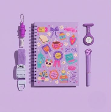 kit accesorios tmv lila cuaderno relok lapicero torniquete rompeampollas