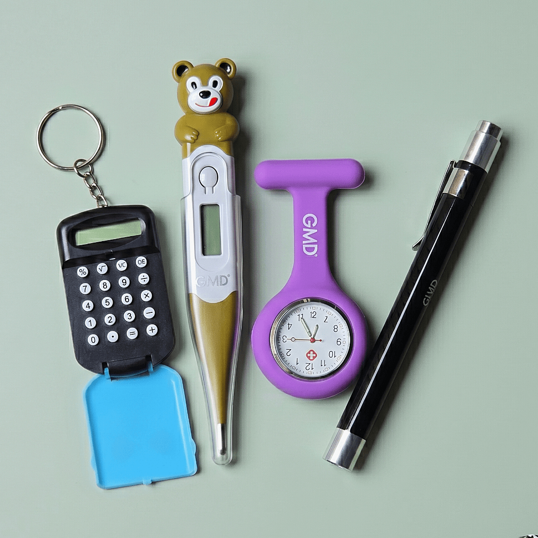 Linterna, Termómetro, Reloj y Calculadora