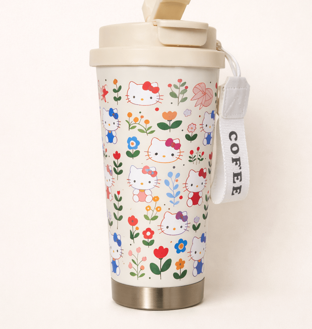 Termo Térmico Hello Kitty y flores  - Acero inoxidable conserva frío y calor