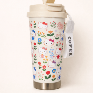 Termo Térmico Hello Kitty y flores  - Acero inoxidable conserva frío y calor