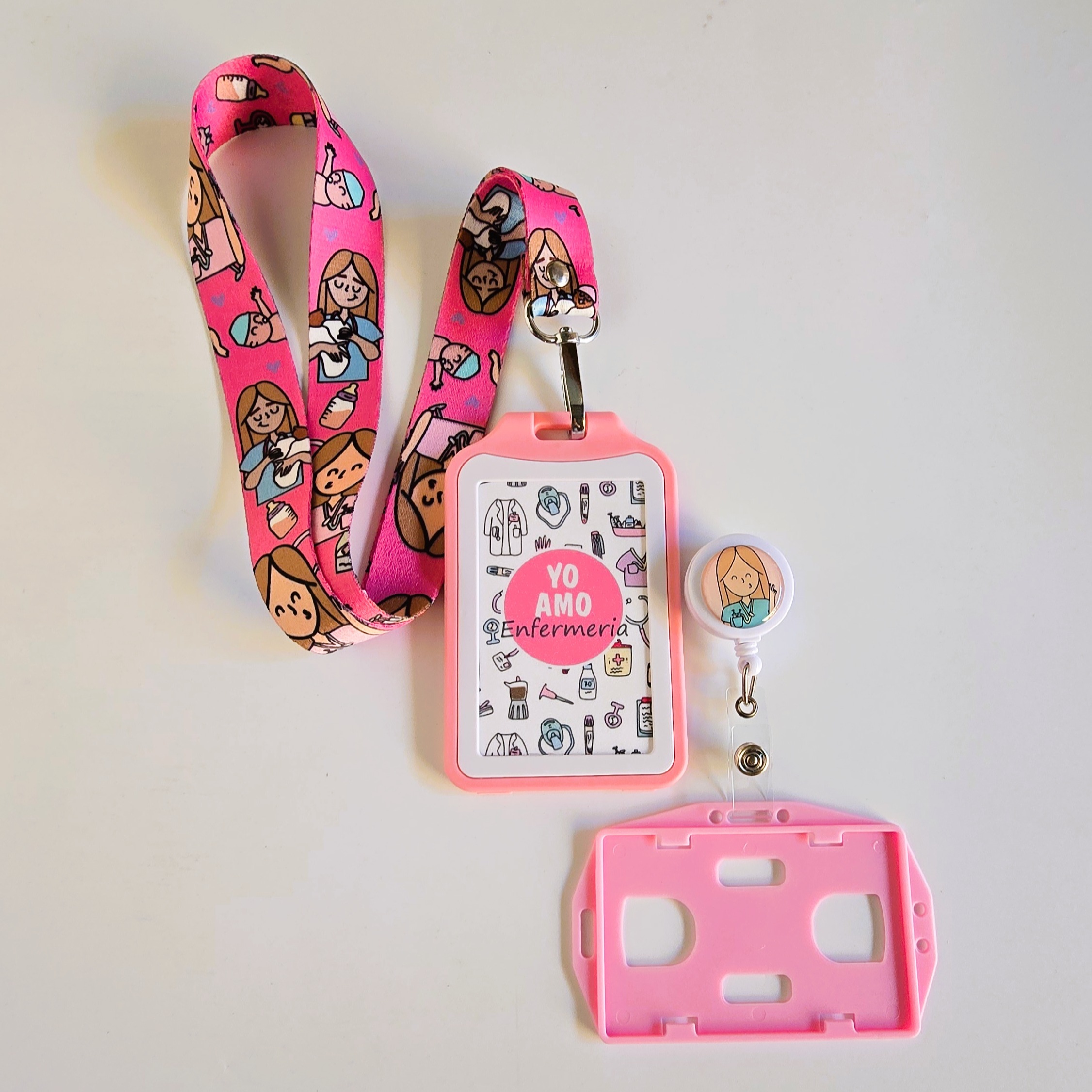 Kit Landyard + Yoyo + Escarapela Yo Amo Enfermería Rosa