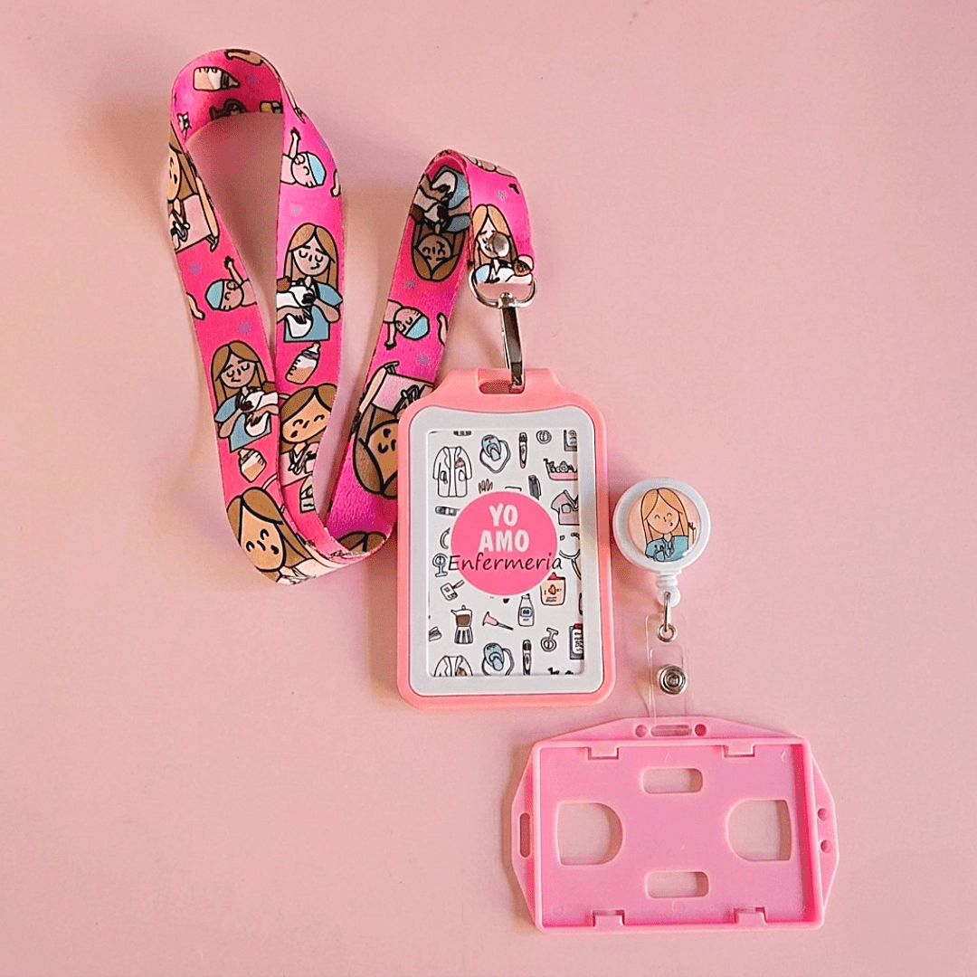 Kit Landyard + Yoyo + Escarapela Yo Amo Enfermería Rosa