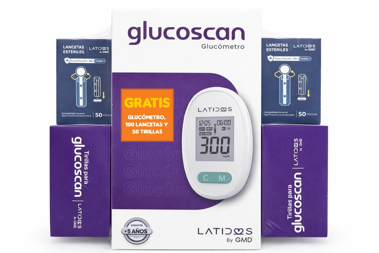 Combo Kit Glucómetro Glucoscan Latidos GMD + 100 Tirillas de Prueba + 100 Lancetas Estériles